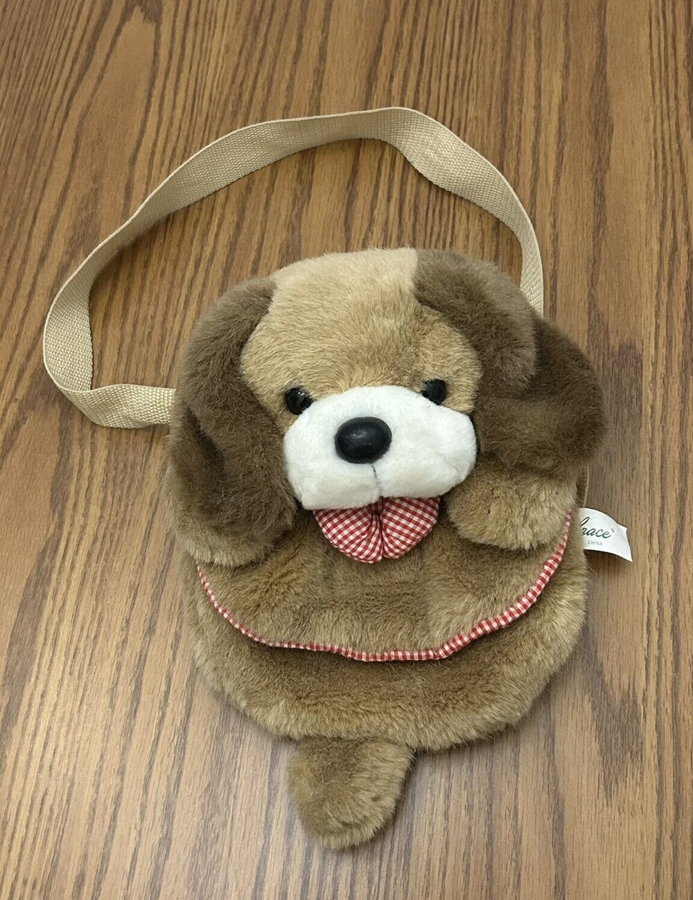 Embrace Brown Puppy Dog Purse With Red Plaid Bow And Lining Plush Girls